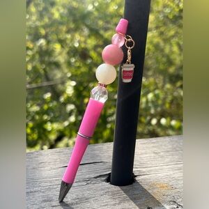 Handmade Pink Beaded Pen with Coffee Charm